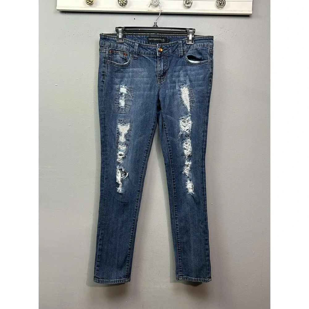 rue21 twentyone black Jeans Women 11/12R Blue Skinny Distressed Ripped Denim
